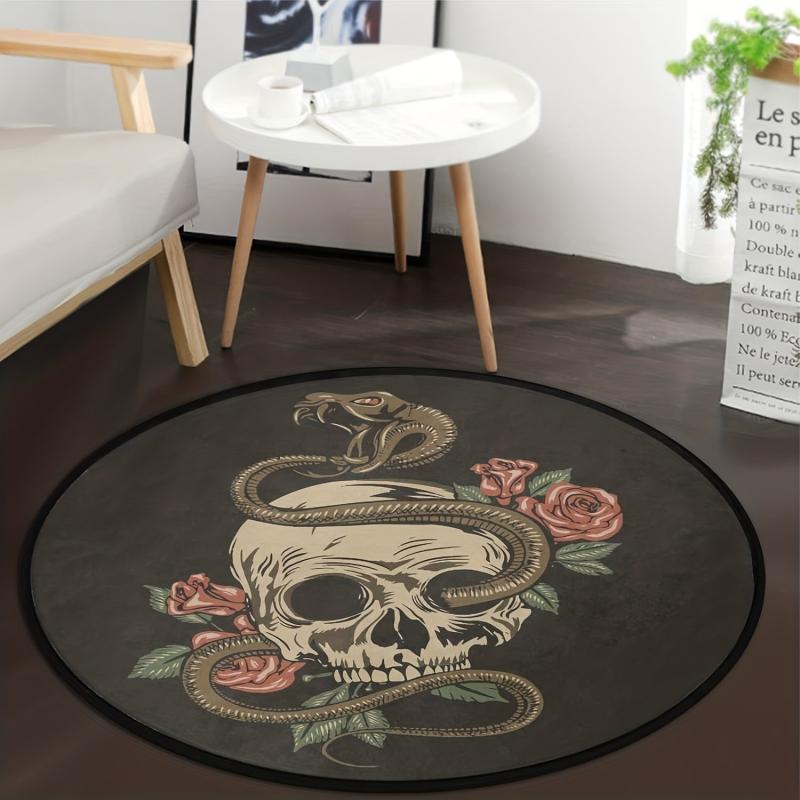 Skull Rose Flower Round Carpet Non Slip Rug Washable Floor Mats For Home Decor