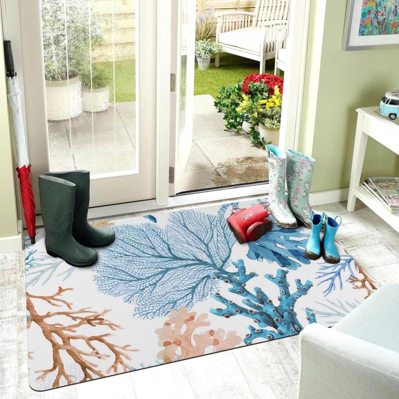 Coral Print Absorbent Indoor Outdoor Entrance Mat Durable Low Pile C