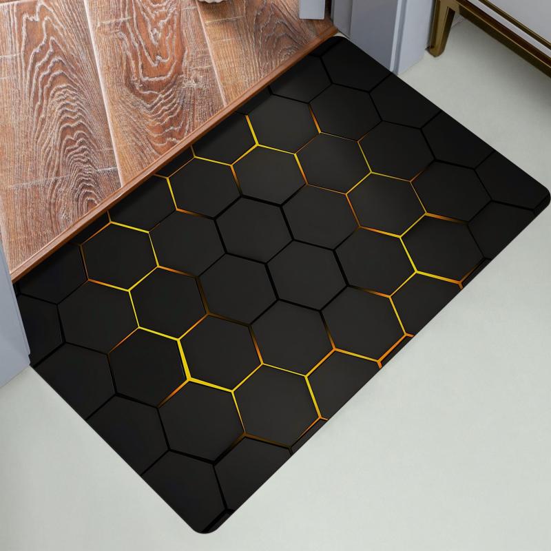 Golden Textured Hexagon Pattern Kitchen Rug TPR Floor Mat