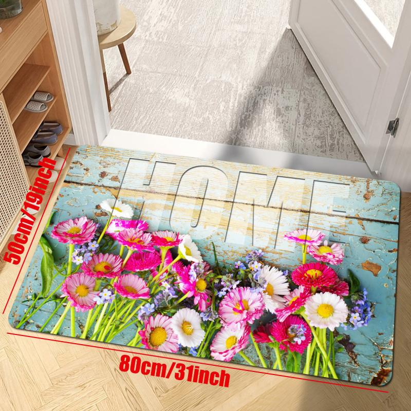 Wooden Flower Kitchen Rug Soft Cushioned Non Slip Waterproof Washable