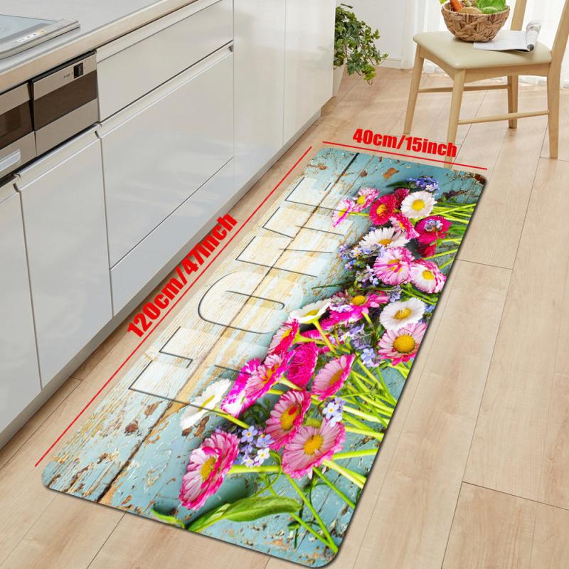 Wooden Flower Kitchen Rug Soft Cushioned Non Slip Waterproof Washable