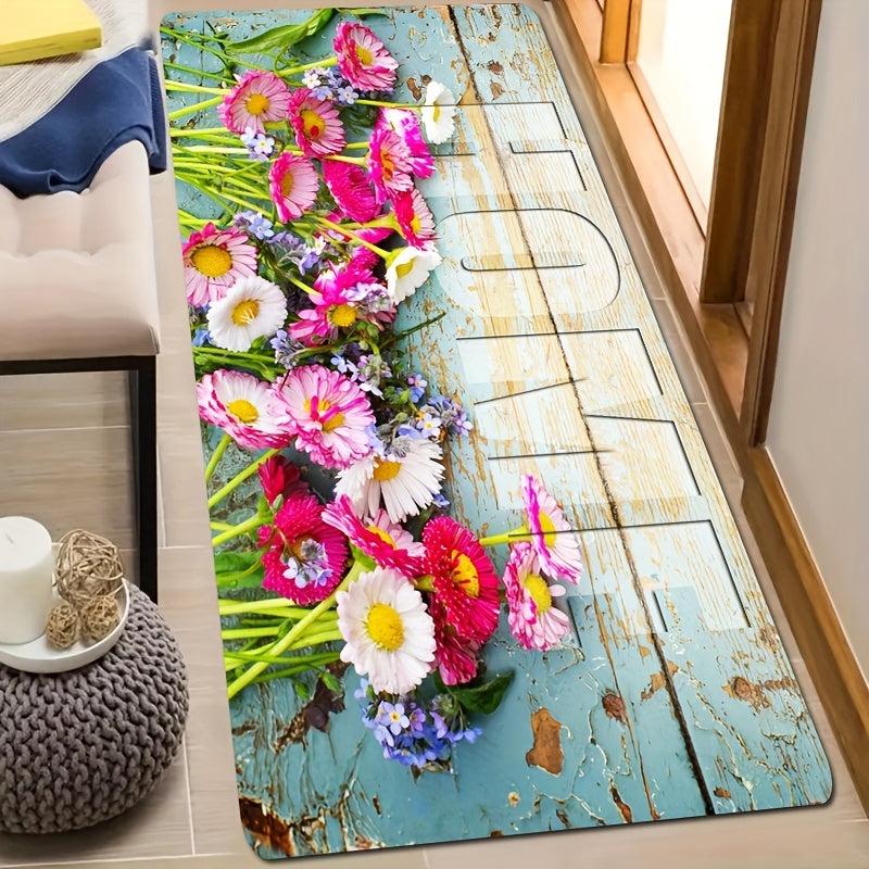 Wooden Flower Kitchen Rug Soft Cushioned Non Slip Waterproof Washable