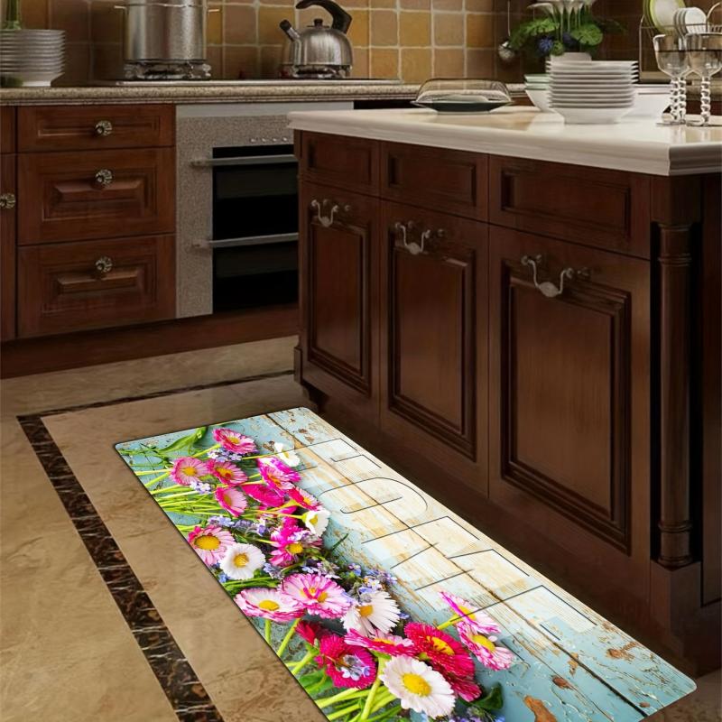 Wooden Flower Kitchen Rug Soft Cushioned Non Slip Waterproof Washable