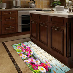 Wooden Flower Kitchen Rug Soft Cushioned Non Slip Waterproof Washable