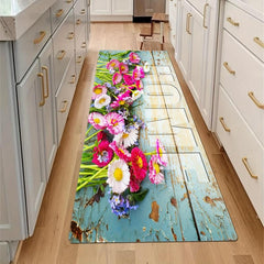 Wooden Flower Kitchen Rug Soft Cushioned Non Slip Waterproof Washable