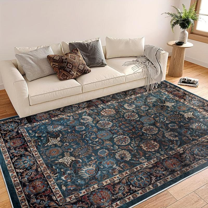 Vintage Floral Area Rug Non-slip Distressed Boho Carpet for Living Room