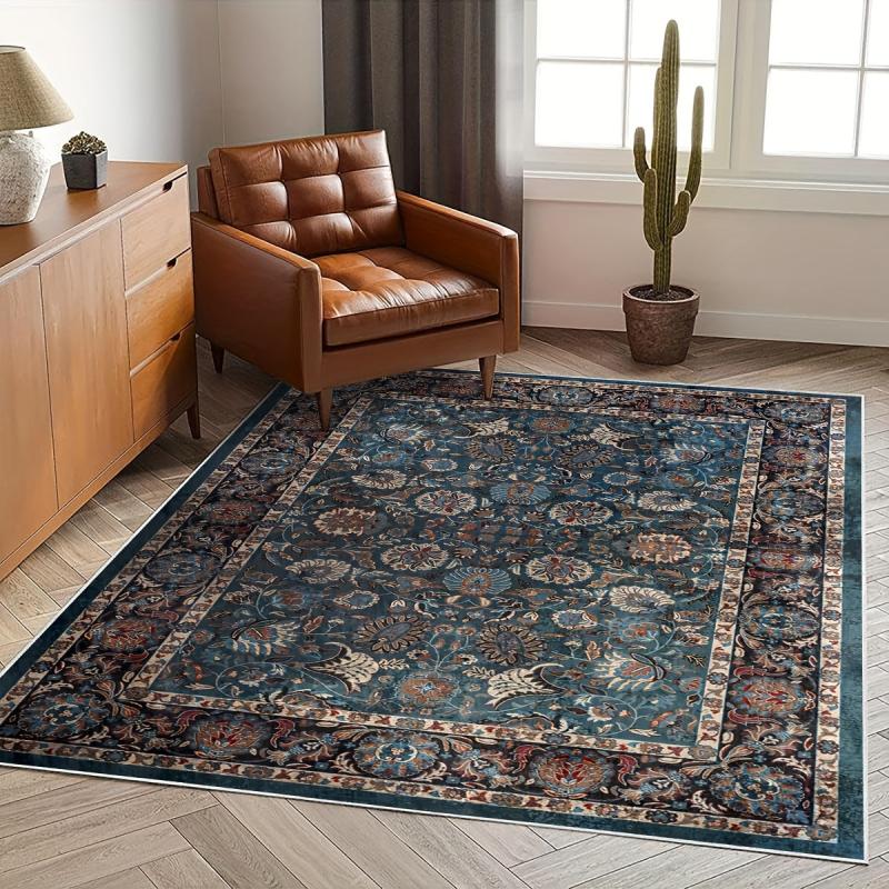 Vintage Floral Area Rug Non-slip Distressed Boho Carpet for Living Room