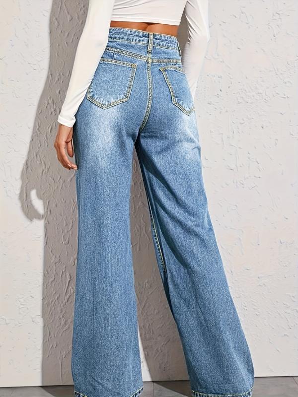 Loose Fit Denim Pants High Waist Wide Legs High Rise Slash Pockets
