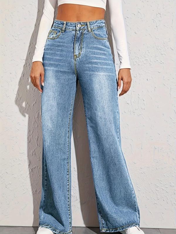 Loose Fit Denim Pants High Waist Wide Legs High Rise Slash Pockets