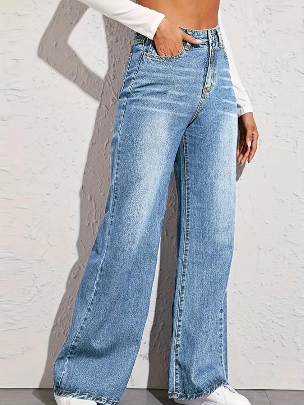 Loose Fit Denim Pants High Waist Wide Legs High Rise Slash Pockets