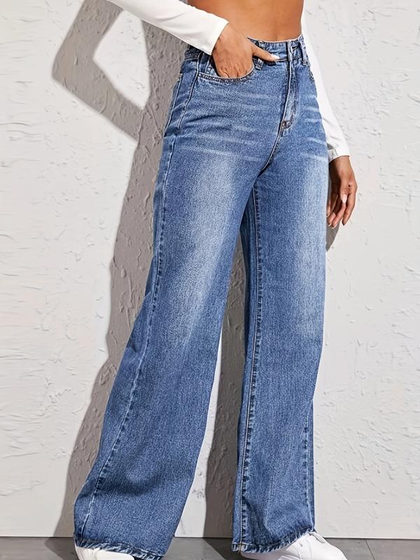 Loose Fit Denim Pants High Waist Wide Legs High Rise Slash Pockets