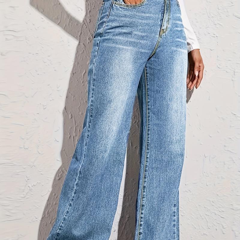 Loose Fit Denim Pants High Waist Wide Legs High Rise Slash Pockets