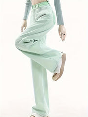 Green Loose Fit Straight Jeans Non Stretch High Rise Wide Legs
