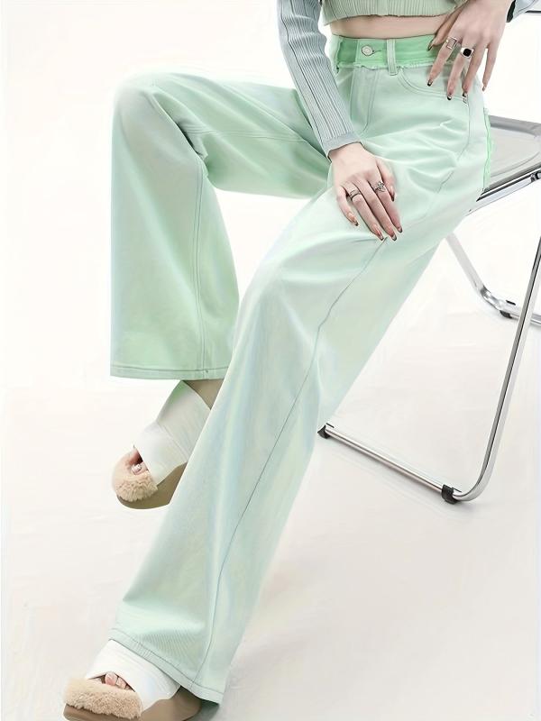 Green Loose Fit Straight Jeans Non Stretch High Rise Wide Legs