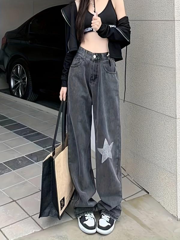Grey Star Rhinestone Jeans Loose Fit Denim Trousers