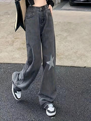 Grey Star Rhinestone Jeans Loose Fit Denim Trousers