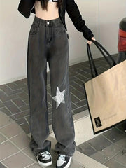 Grey Star Rhinestone Jeans Loose Fit Denim Trousers