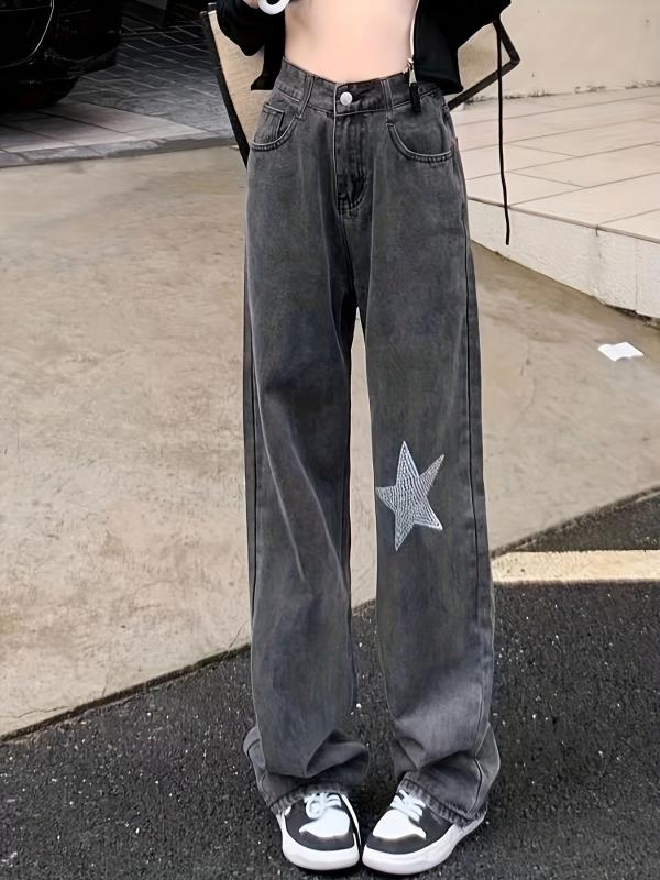 Grey Star Rhinestone Jeans Loose Fit Denim Trousers