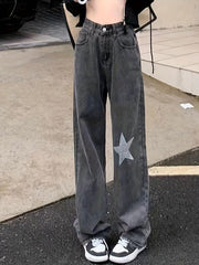 Grey Star Rhinestone Jeans Loose Fit Denim Trousers