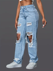 Distressed Loose Fit Non Stretch Denim Jeans Women's Trousers