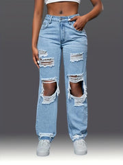 Distressed Loose Fit Non Stretch Denim Jeans Women's Trousers
