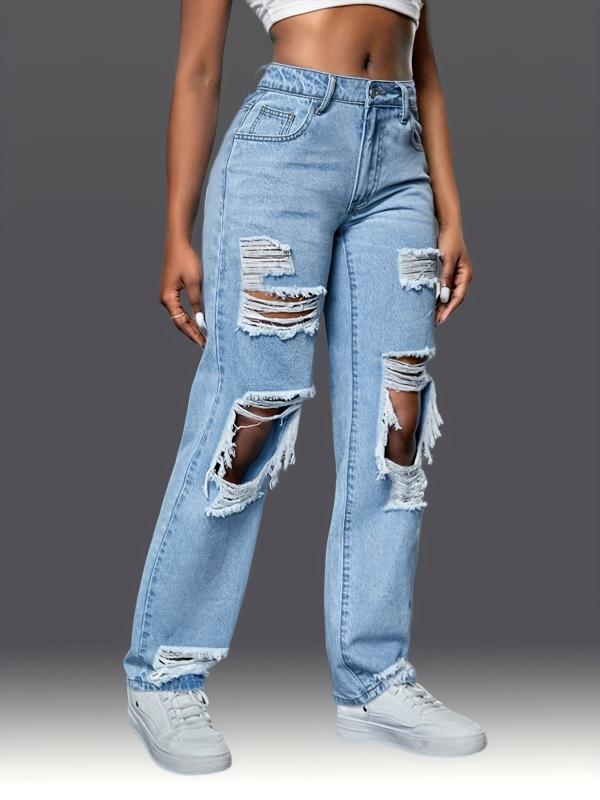 Distressed Loose Fit Non Stretch Denim Jeans Women's Trousers
