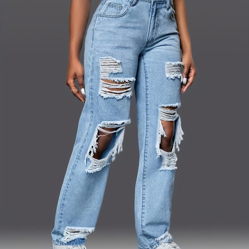 Distressed Loose Fit Non Stretch Denim Jeans Women's Trousers