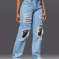 Distressed Loose Fit Non Stretch Denim Jeans Women's Trousers