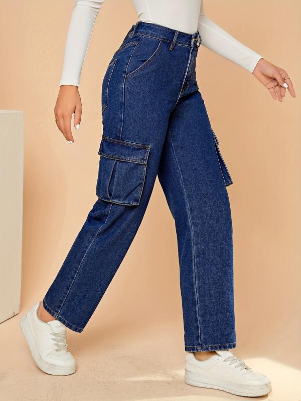 Flap Pockets Cargo Pants Loose Fit Non Stretch Straight Jeans