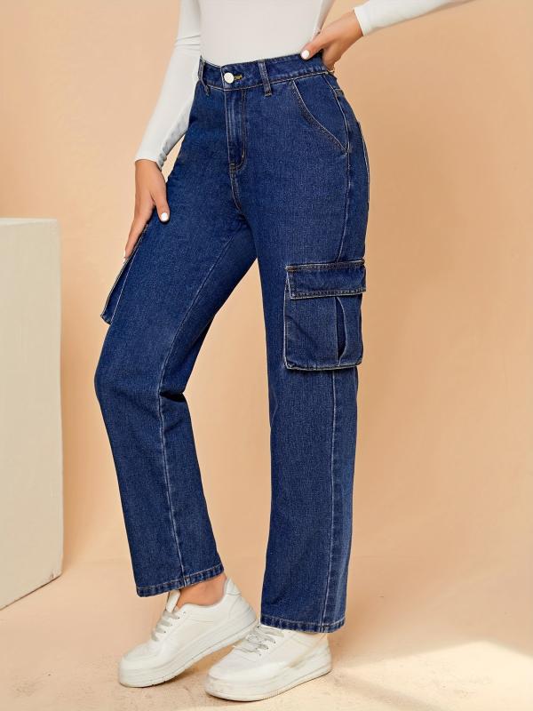 Flap Pockets Cargo Pants Loose Fit Non Stretch Straight Jeans