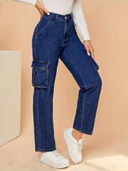 Flap Pockets Cargo Pants Loose Fit Non Stretch Straight Jeans