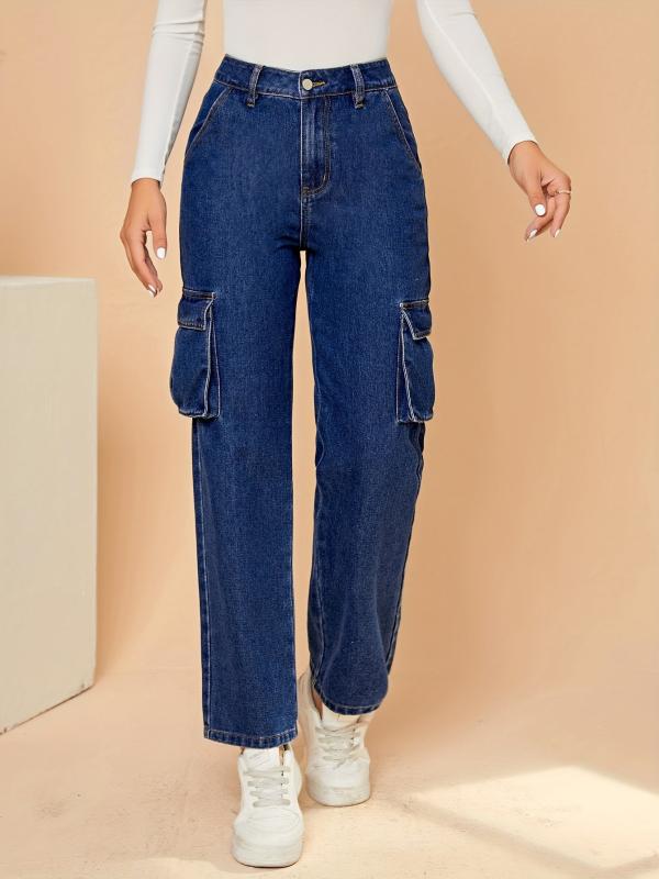 Flap Pockets Cargo Pants Loose Fit Non Stretch Straight Jeans