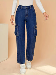 Flap Pockets Cargo Pants Loose Fit Non Stretch Straight Jeans