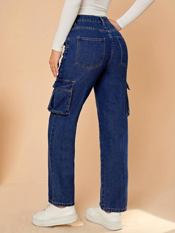 Flap Pockets Cargo Pants Loose Fit Non Stretch Straight Jeans