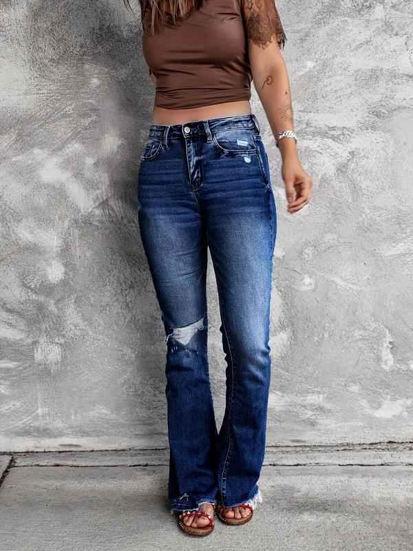 Ripped Holes Bootcut Jeans High Waist Mid Stretch Distressed Denim Trousers