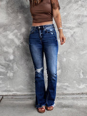 Ripped Holes Bootcut Jeans High Waist Mid Stretch Distressed Denim Trousers