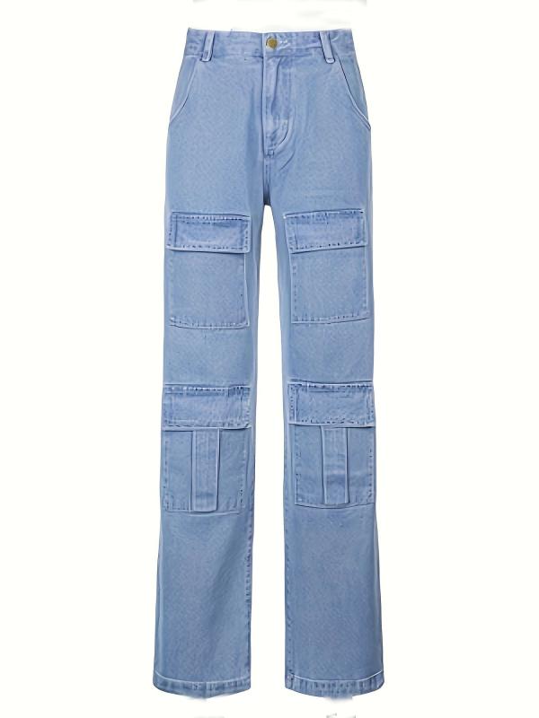Mid Rise Flap Pocket Cargo Jeans Solid Wide Leg Denim Pants