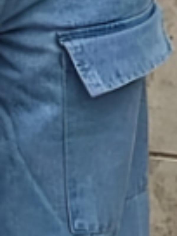 Mid Rise Flap Pocket Cargo Jeans Solid Wide Leg Denim Pants