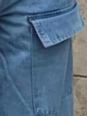 Mid Rise Flap Pocket Cargo Jeans Solid Wide Leg Denim Pants