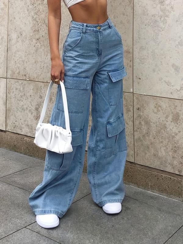Mid Rise Flap Pocket Cargo Jeans Solid Wide Leg Denim Pants