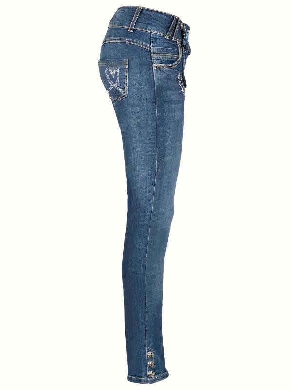Embroidered Decor Skinny Jeans Slim Fit Mid Stretch High Waist