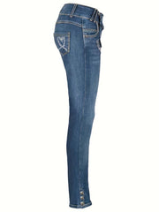 Embroidered Decor Skinny Jeans Slim Fit Mid Stretch High Waist