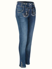 Embroidered Decor Skinny Jeans Slim Fit Mid Stretch High Waist