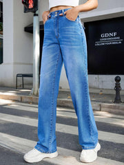 Embossed Washed Straight Jeans Women's Denim Trousers