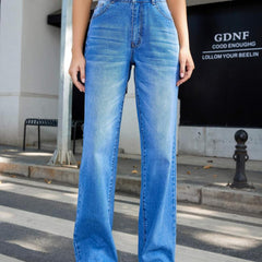 Embossed Washed Straight Jeans Women's Denim Trousers