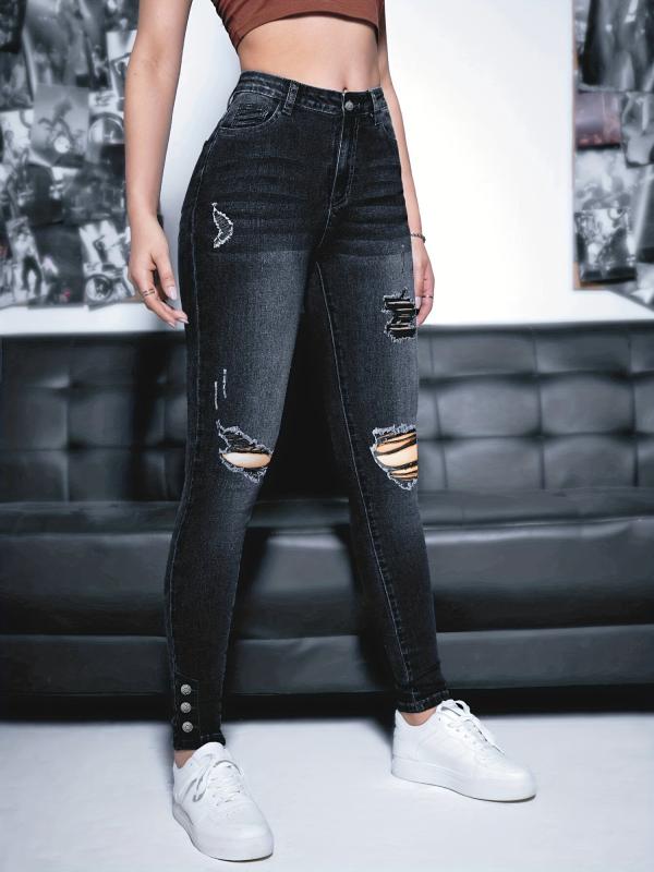 Ripped Holes Skinny Jeans Slim Fit Mid Stretch Single Breasted Button Jean