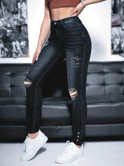 Ripped Holes Skinny Jeans Slim Fit Mid Stretch Single Breasted Button Jean