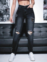 Ripped Holes Skinny Jeans Slim Fit Mid Stretch Single Breasted Button Jean