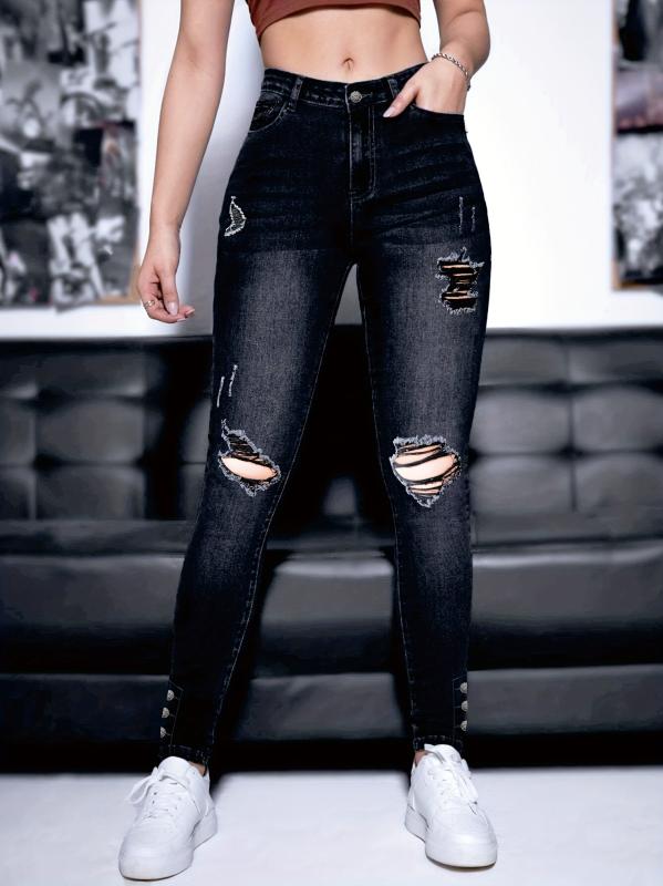 Ripped Holes Skinny Jeans Slim Fit Mid Stretch Single Breasted Button Jean