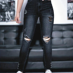 Ripped Holes Skinny Jeans Slim Fit Mid Stretch Single Breasted Button Jean